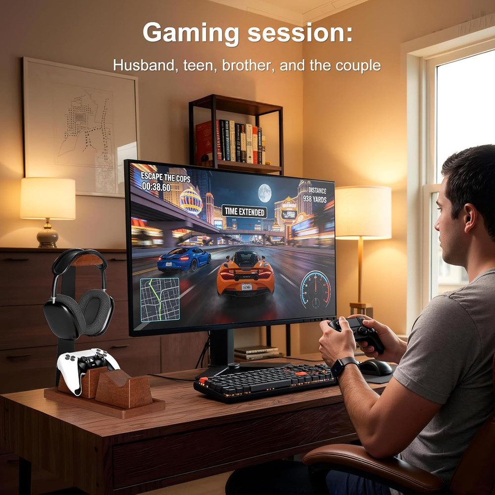 Headset Stand with 2 Controller Holders - Solid Wood & Metal Gaming Headphone Ho
