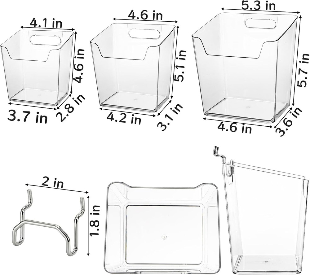 6 Pack Clear Pegboard Cups with Hooks Plastic Peg Board Bins Pegboard Organizer
