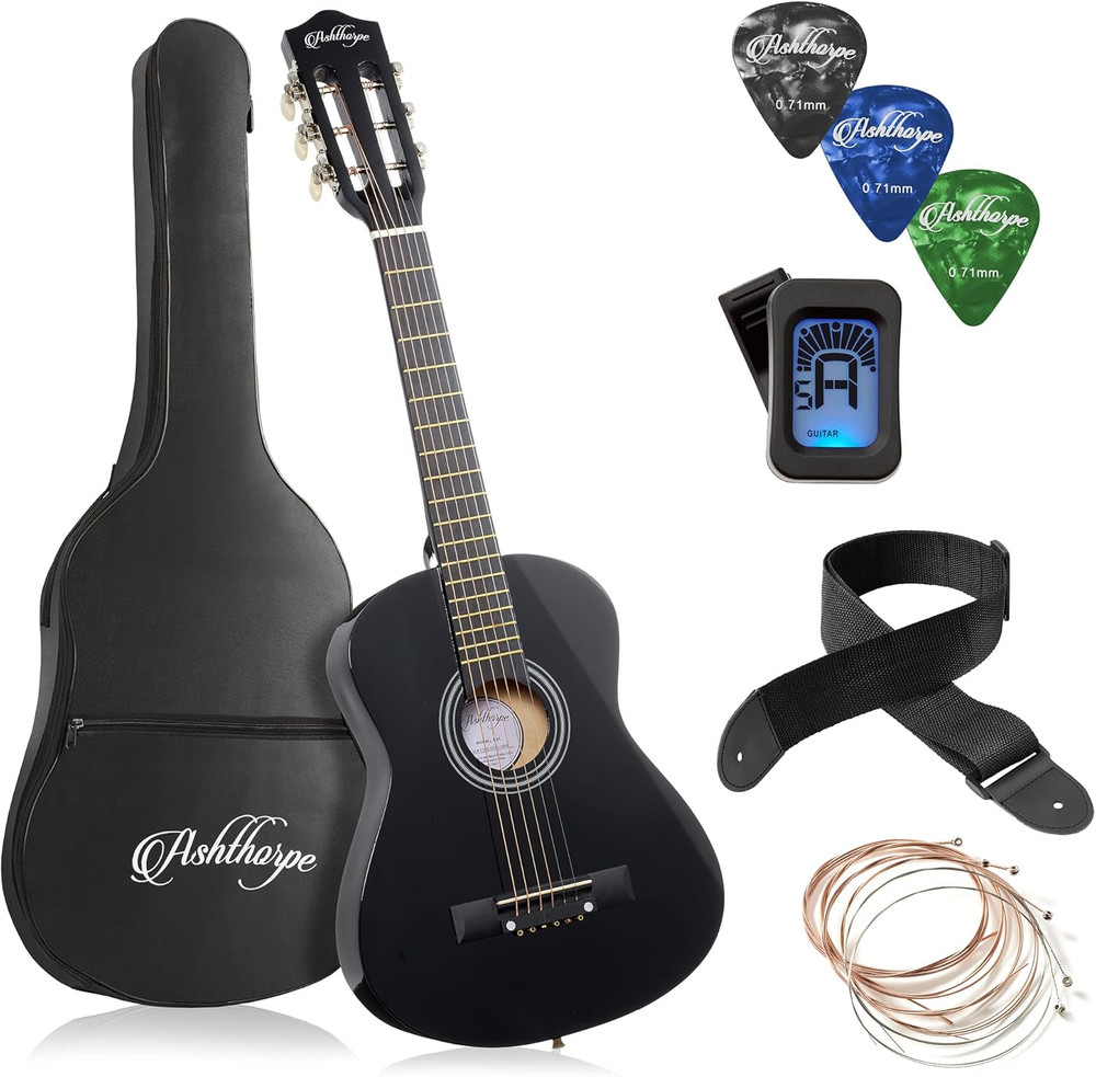 Ashthorpe 30-Inch Beginner Acoustic Guitar Package (Black), Basic Starter Kit W/