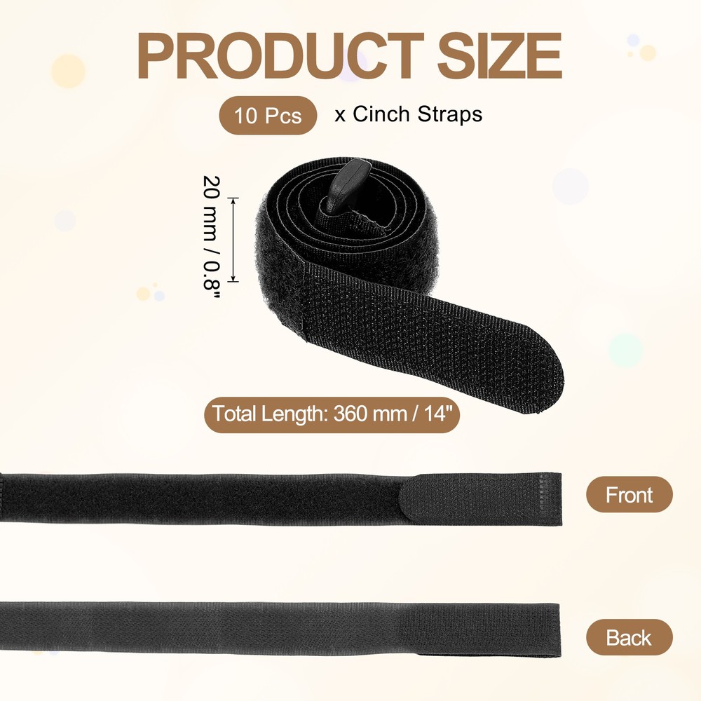 10pcs Reusable Cinch Straps 0.8"x14" Hook and Loop Cable Securing Straps, Black