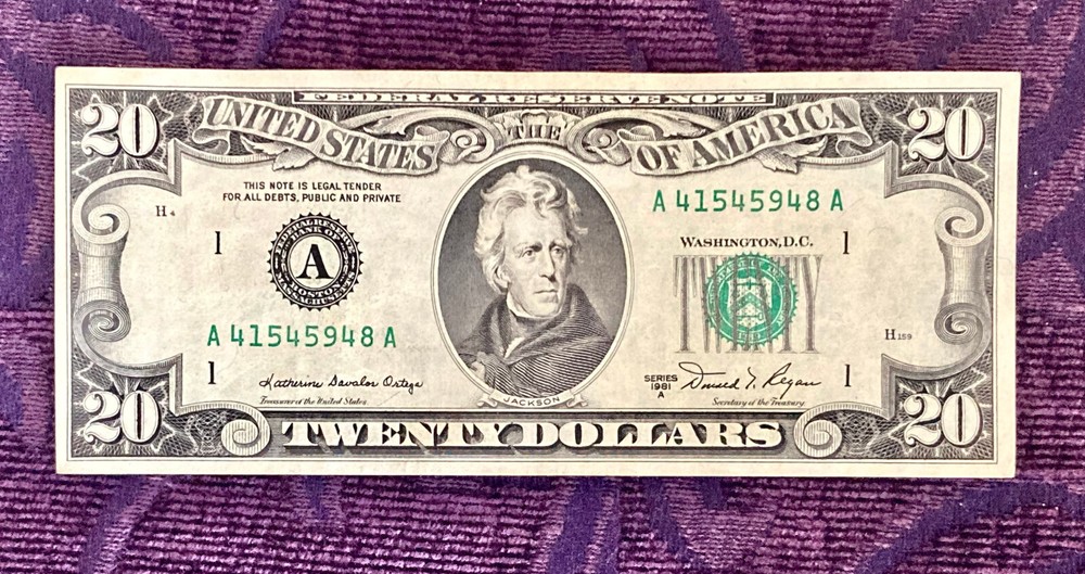 Vintage 1981 A $20 Bill with Misalignment / Miscut Error on Front and Back