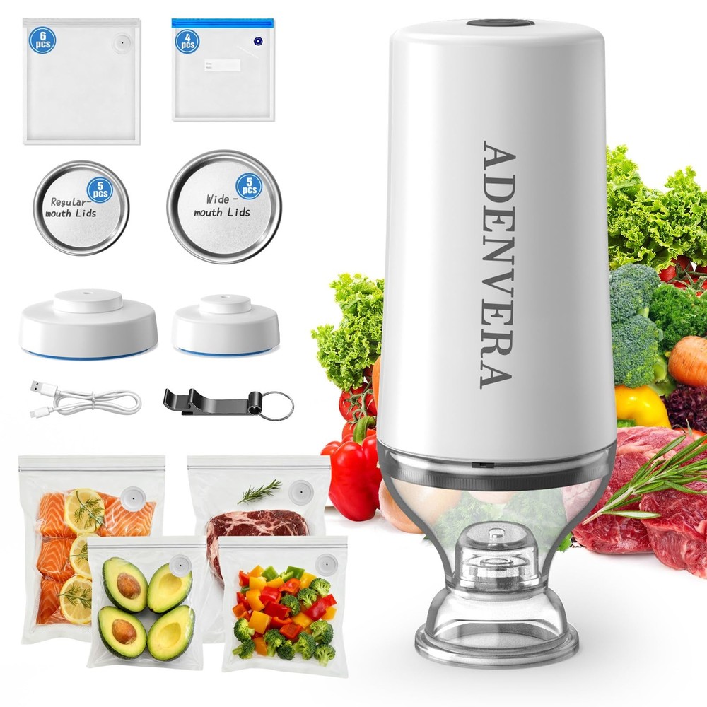 ADENVERA Compact Vacuum Sealer for Food — Mason Jar Regular, White