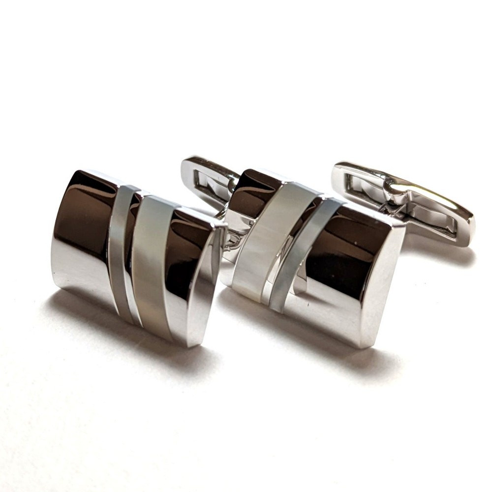Psc478 Paul Stuart Cufflinks Silver Pearl White Double Line Shell