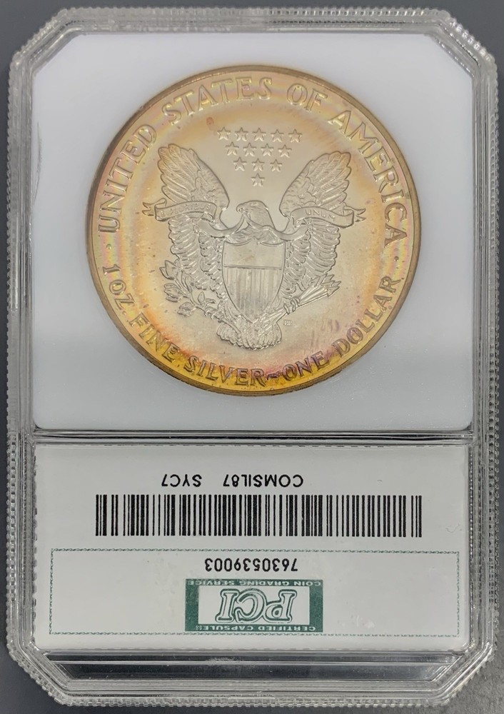 1987 PCI American Silver Eagle $1 - Colorful Toned