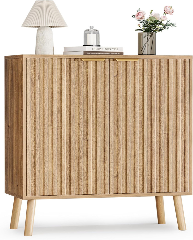 Fluted Storage Cabinet, Sideboard Buffet with Doors and Shelf, Wooden Console Ta