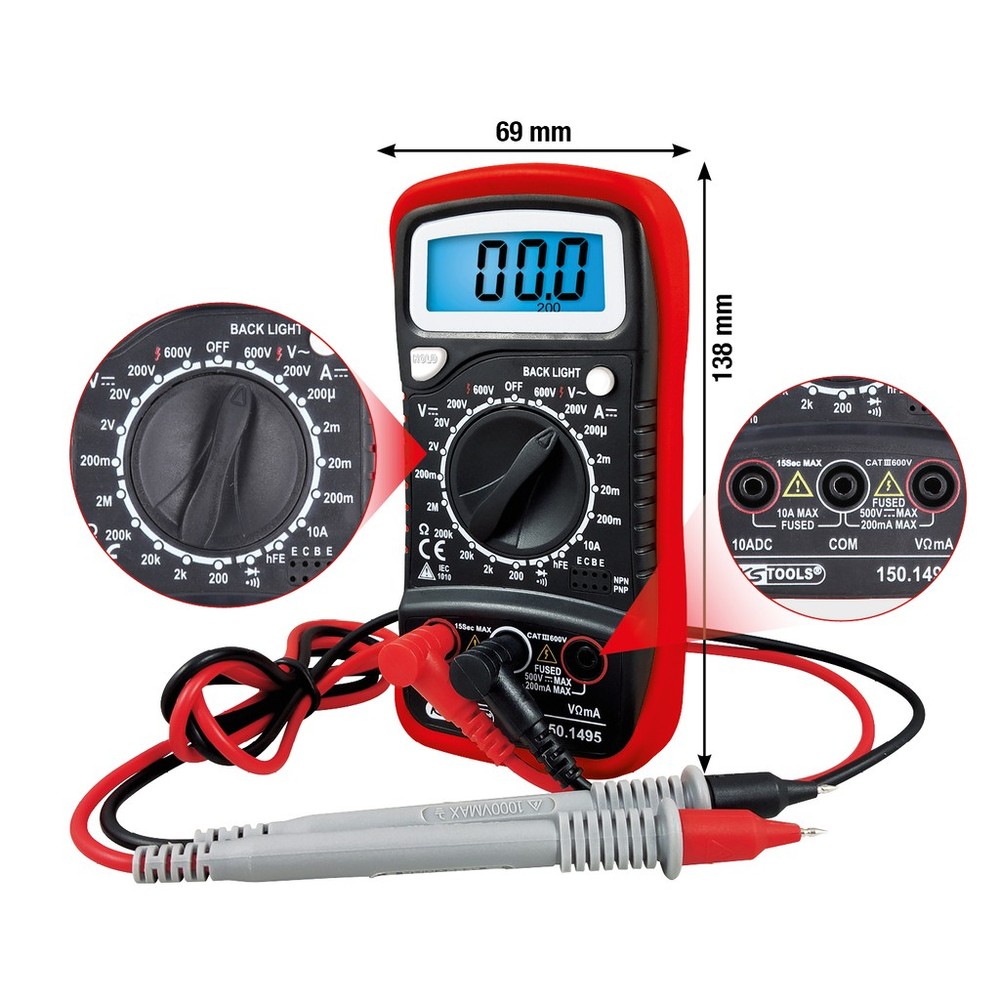 KS Tools Digital Multimeter incl. Probes Continuity Tester Current Tester