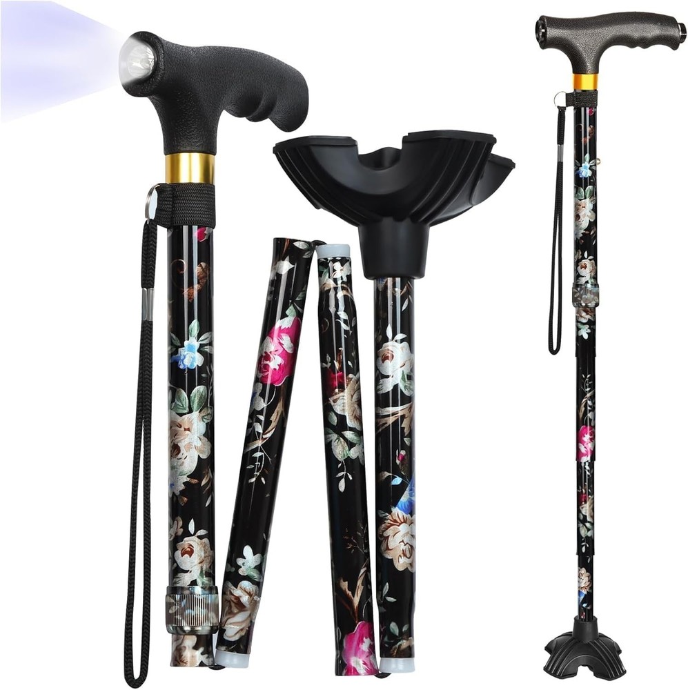 Portable Walking Cane with 5-Level Height Adjustment & Built-in LED Light