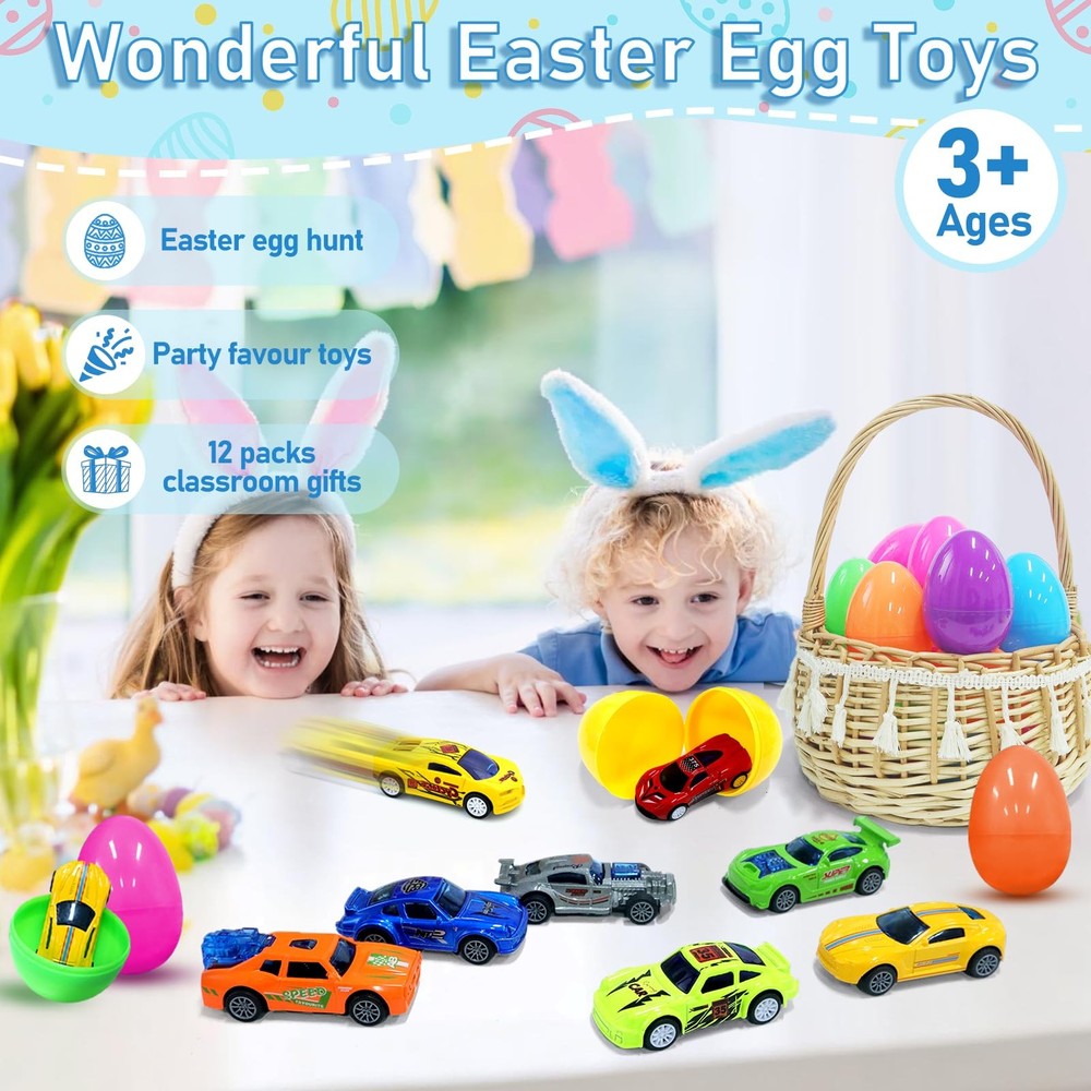 12 Pack Prefilled Easter Eggs with Toys Inside, Pullback Diecast Cars for Kid...