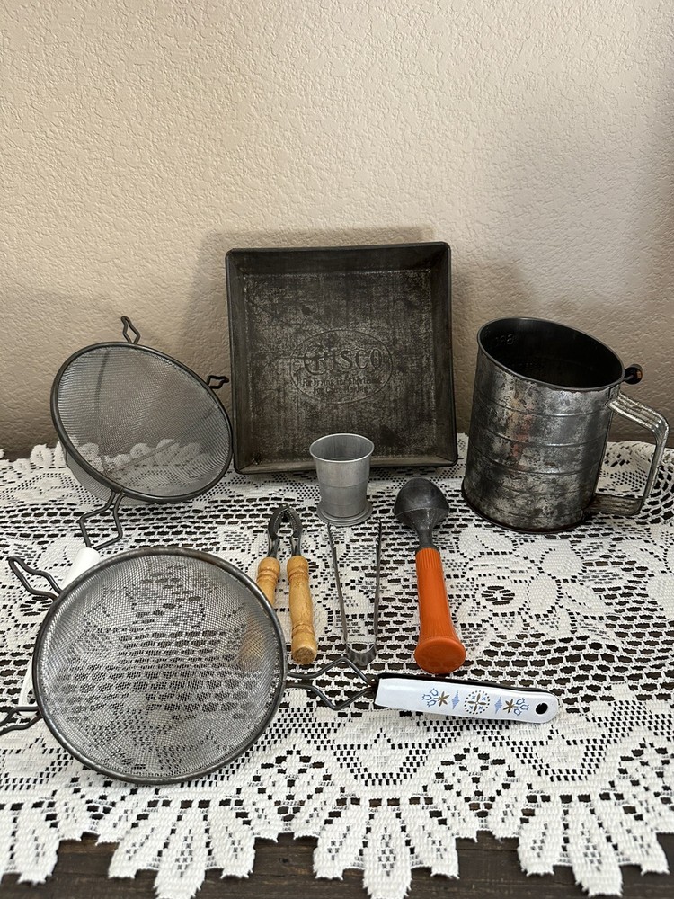VINTAGE KITCHEN TOOLS Crisco Pan, Strainers, Sifter, Ice Cream Scoop Nutcracker