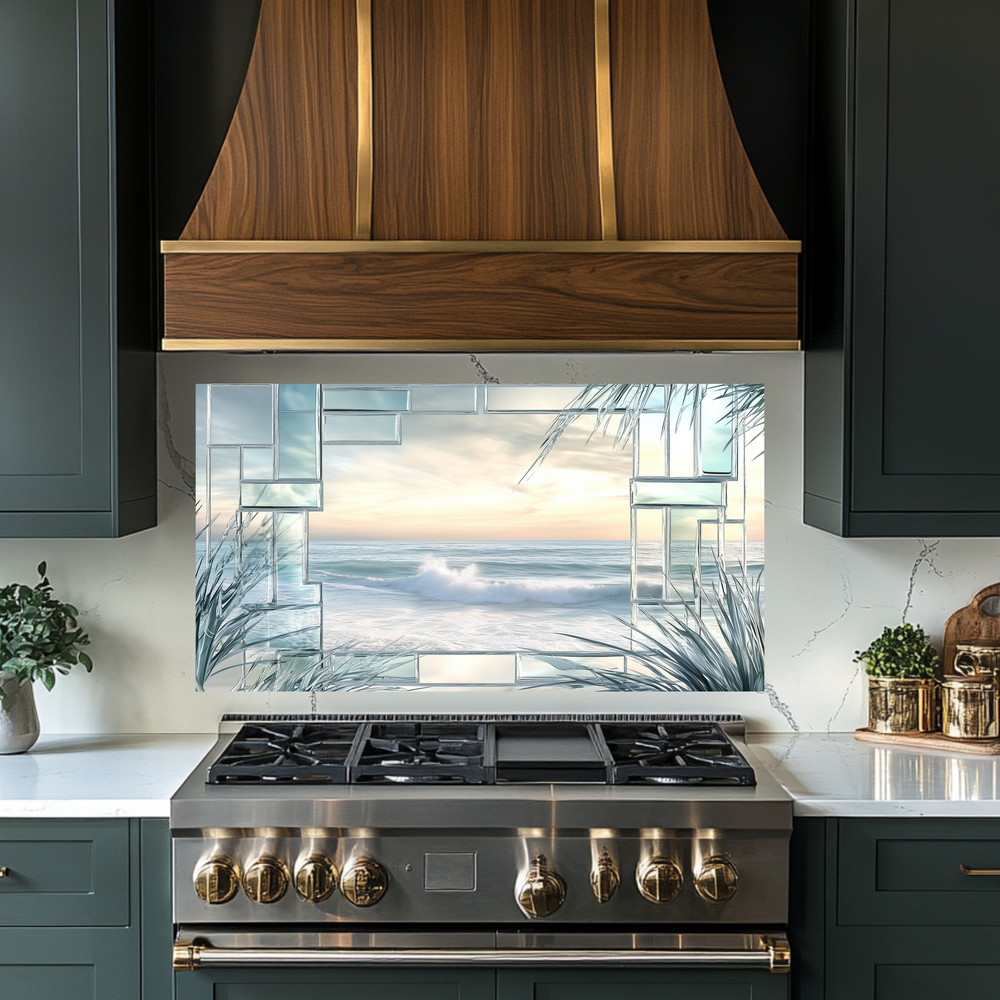 Ocean Landscape Scene Printed Tempered Glass Kitchen Backsplash Splashback Decor