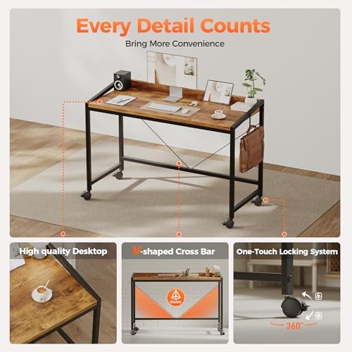 Rolling Computer Desk with Wheels, Gaming Desk for Small Spaces, Modern