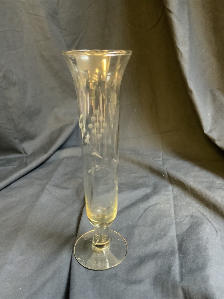 Clear Glass Bud Vase Etched Design 8”
