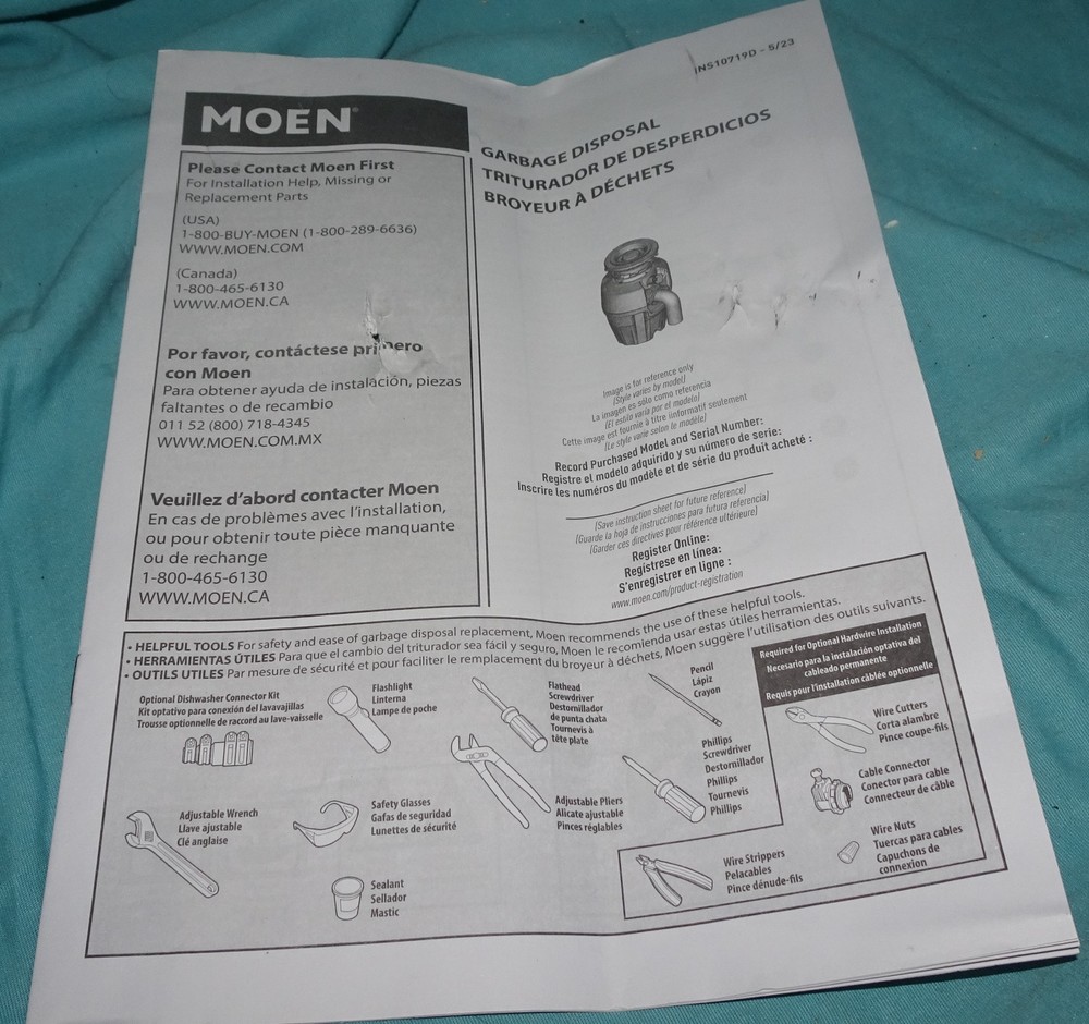 = new = open box = Moen prep GT50C GT Series 1/2 HP Continuous Garbage Disposal