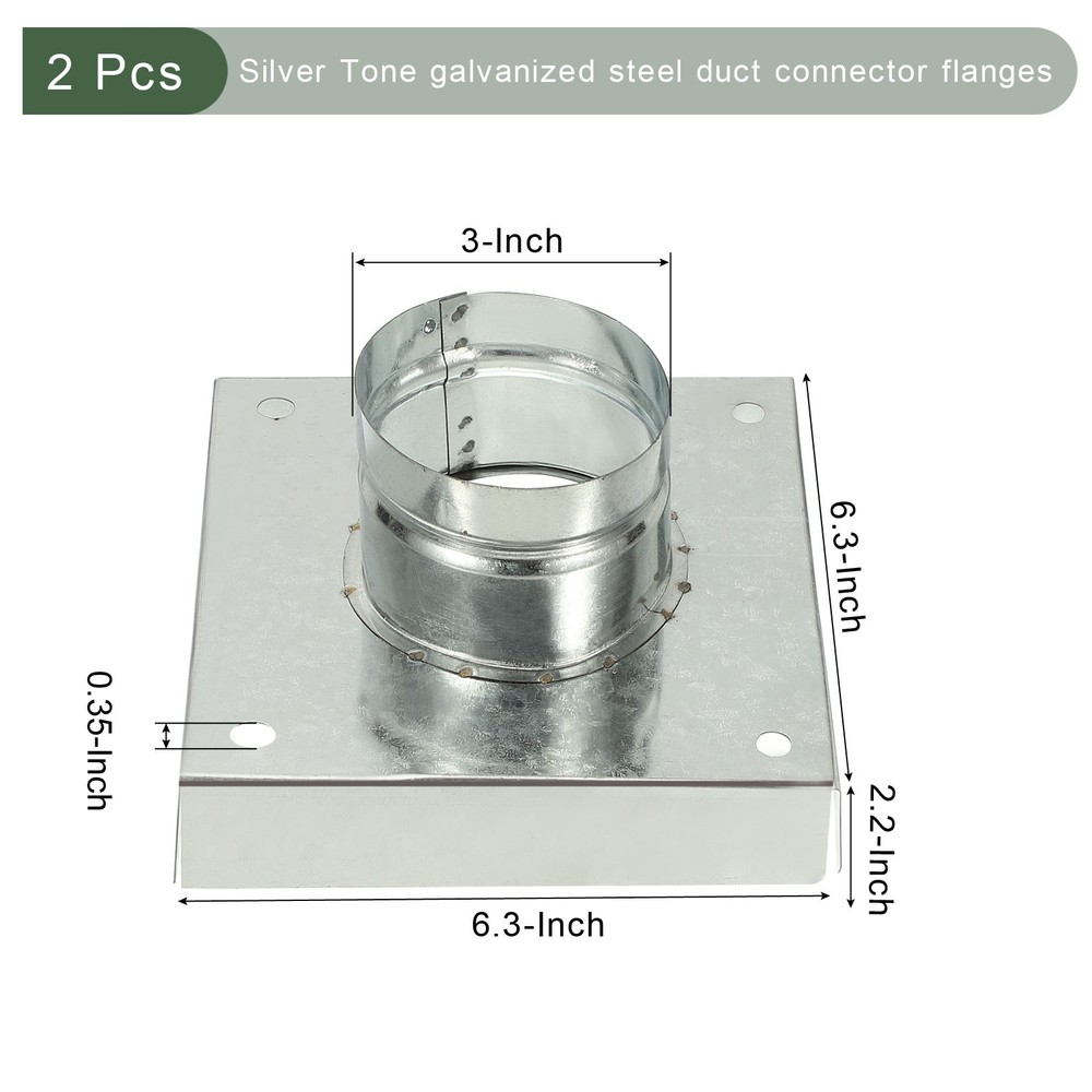 2 Pcs 3" Square Galvanized Duct Connector Flange, Silver Tone