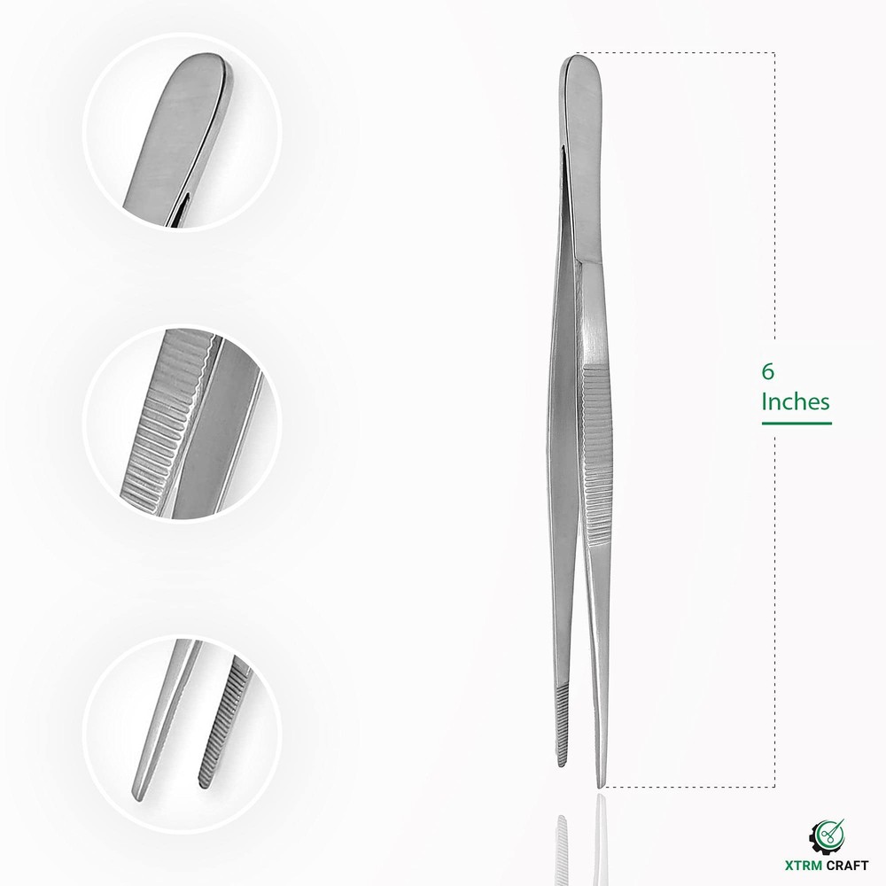 XTRM CRAFT Thumb Dressing Forceps, Mulipurpose Tweezer Stainless 6", Silver