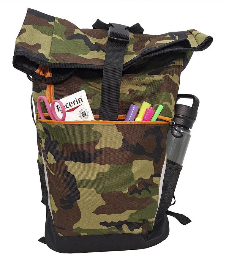 Large Fold Over Camo Backpack 20.5"x17" Front Zippered & 2 Mesh Side Pockets