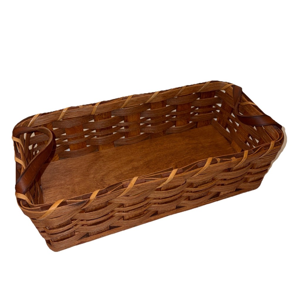 Amish Handmade 12" Bread Desk Basket W/ Leather Handles Solid Oak Bottom Signed