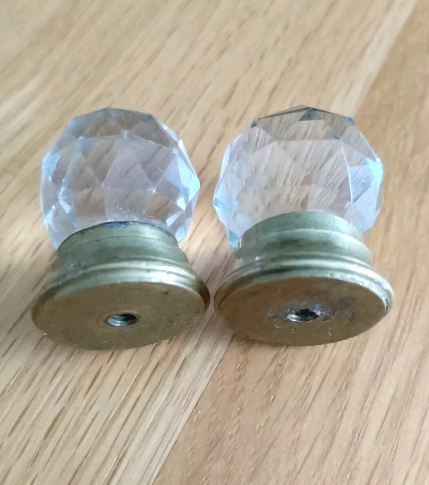 Vintage Pair Very Small Old Round Faceted Glass Pull Knobs Brass Base
