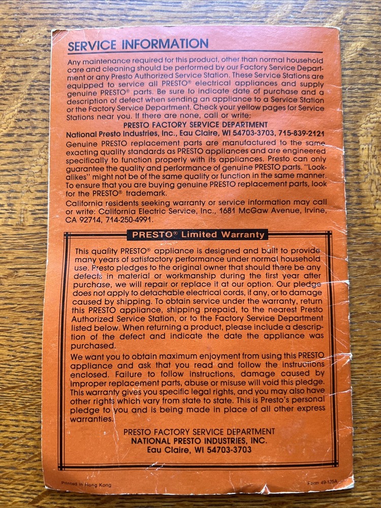 Presto Minnie Max Compact Food Processor Replacement Instruction Book Manual