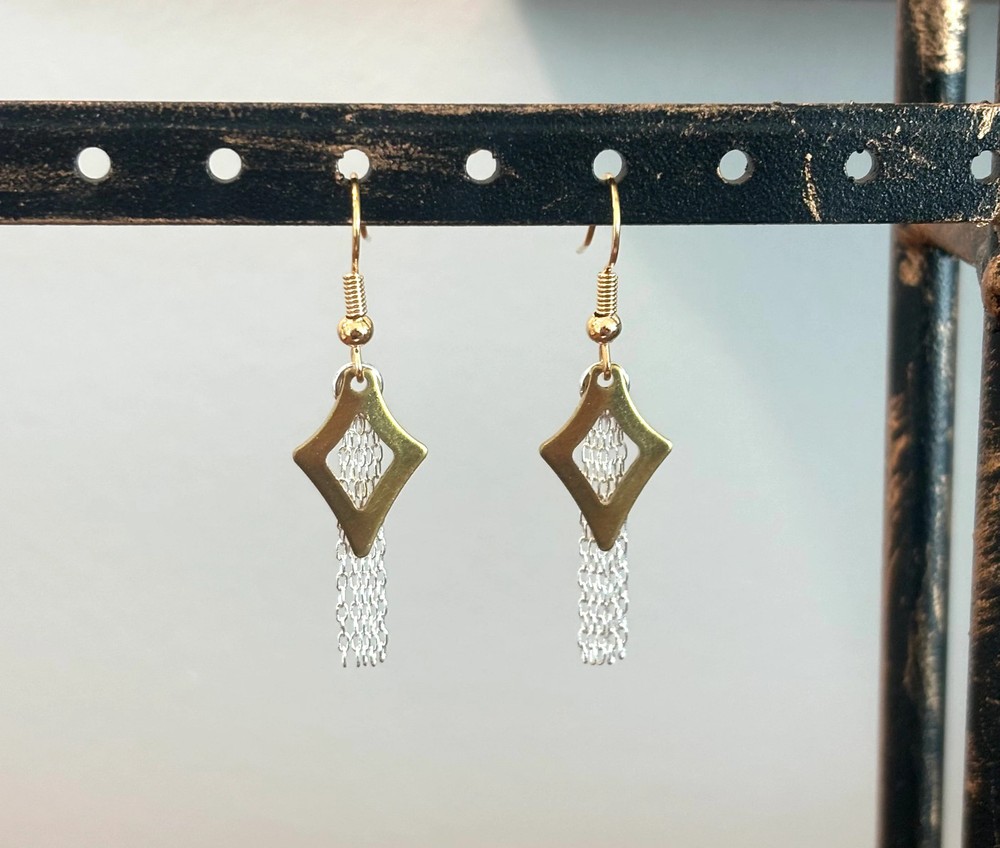 Open Brass Diamond Shape With Silver Fringe Earring