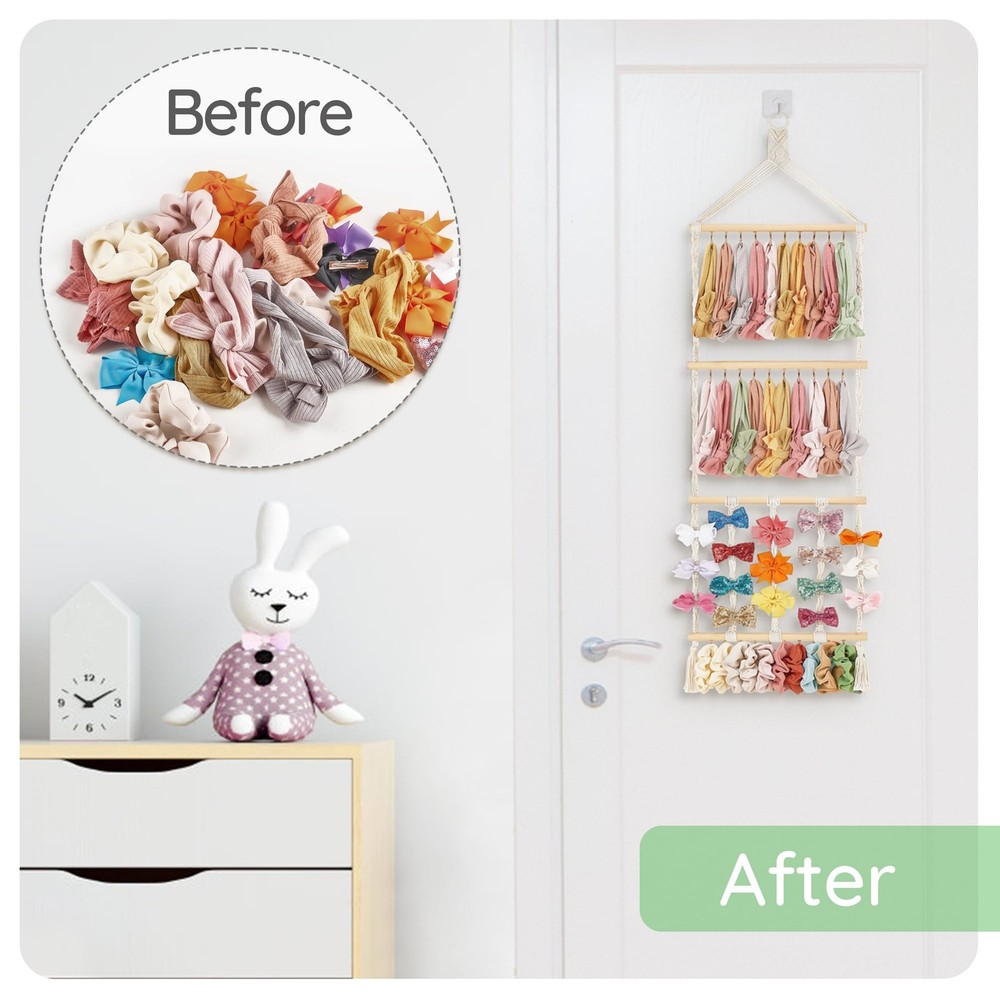 Macrame Bow Organizer set Boho Baby Headband nursery Wall display