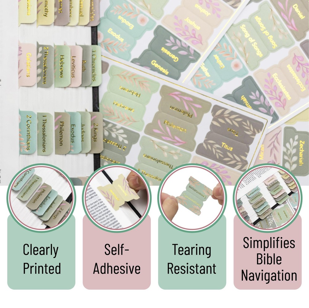 Bible Tabs 75 pcs Boho Floral Gold Foil Lettering Laminated for study