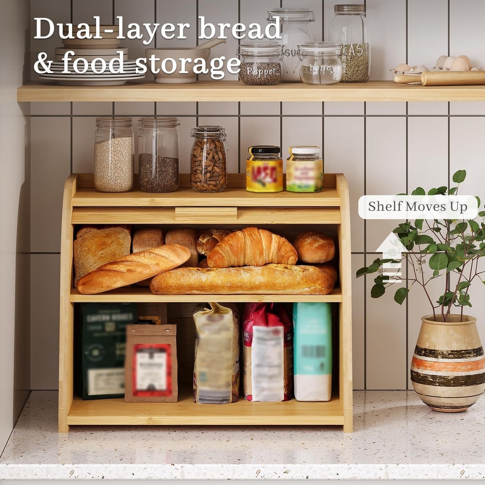 Bread Box for Kitchen Countertop, Bamboo Bread Storage, Double-Layer Roll-Top...