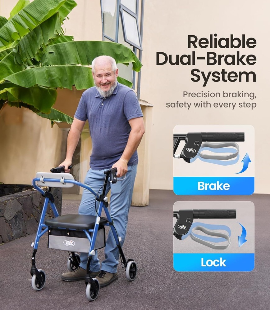 Lightweight Rollator Walker Seat Backrest Foldable All Terrain Adjustable