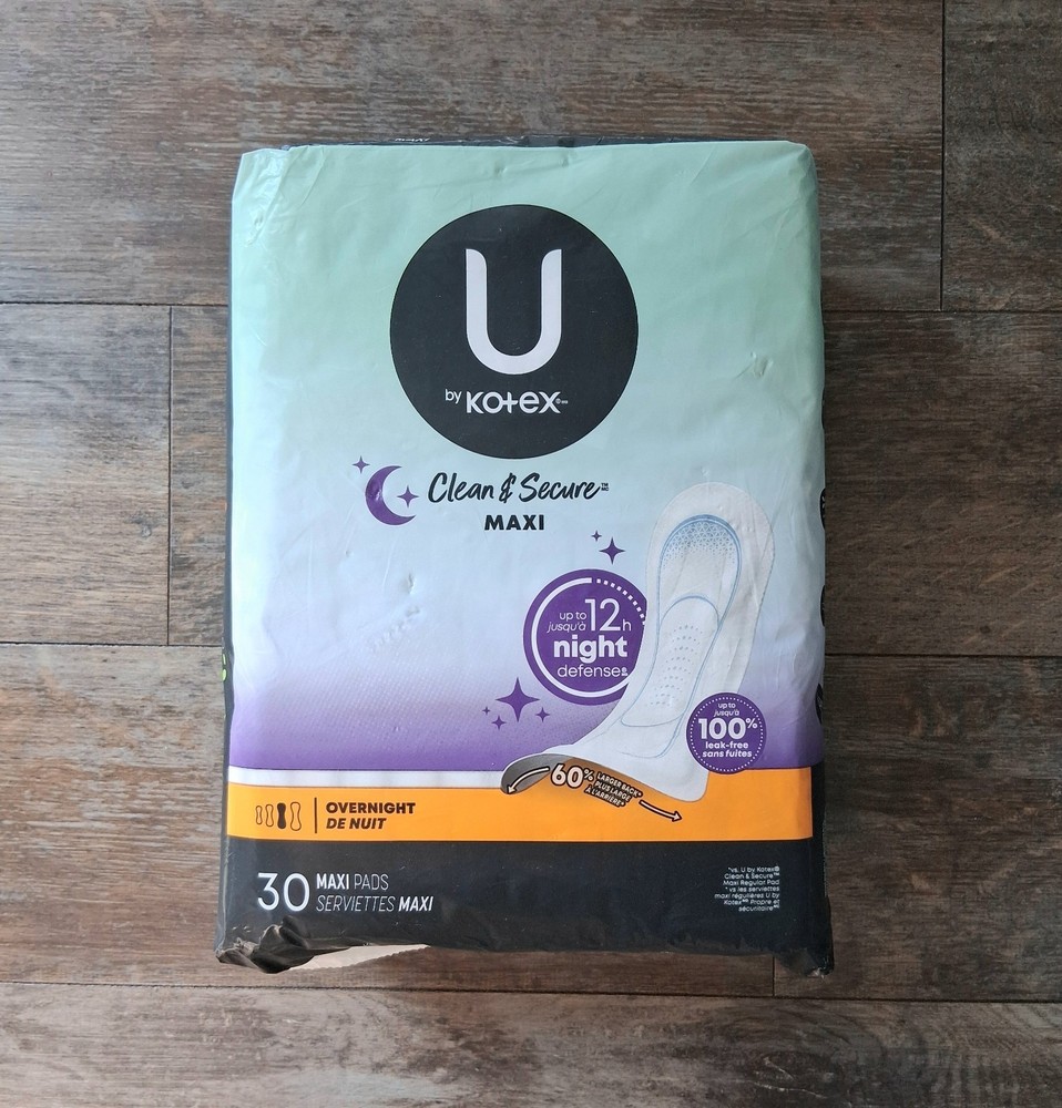 U by Kotex Clean & Secure Overnight Maxi Pads, 30 Count, NIP, Unopened