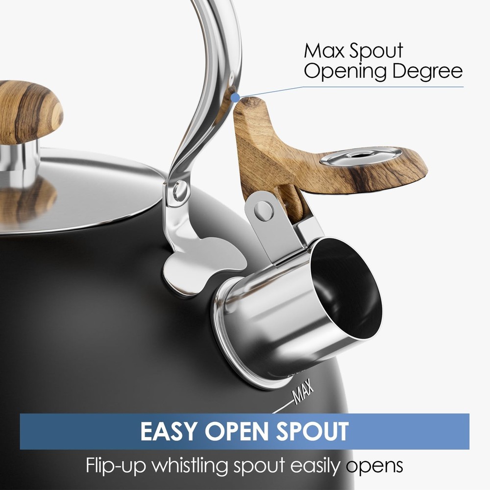 Whistling Tea Kettle 2.6 Quart with Cool Wood Pattern Handle Black Color