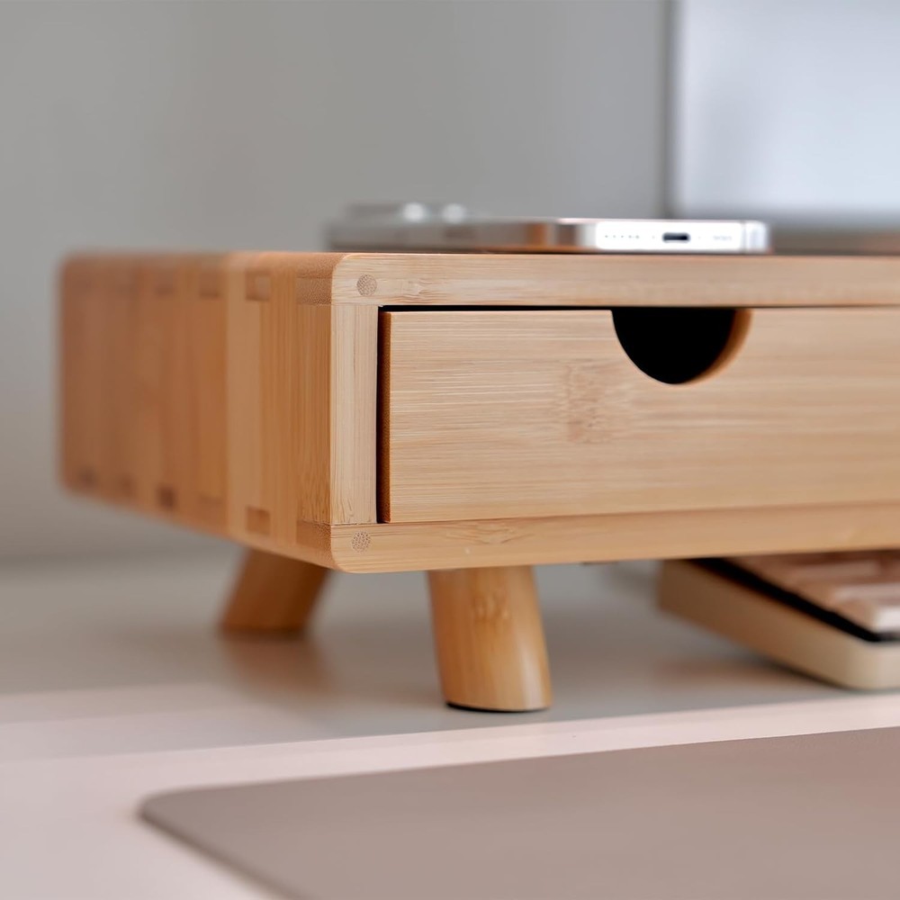 Bamboo Monitor Stand Riser with Drawer, Ergonomic Computer Riser for Desk wit...