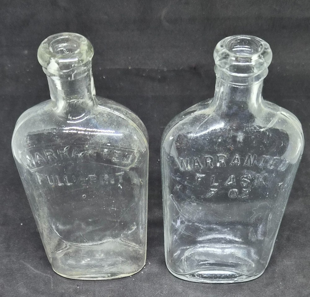 (2) 1880's WARRANTED FLASK HALF PINT STRAP SIDE WHISKEY FLASKS APPLIED TOPS NICE