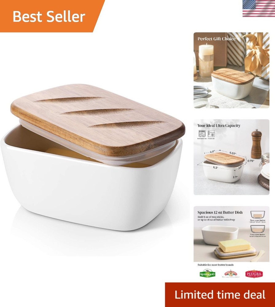 Chic White Butter Keeper - 6.5'' Lid Covered Ceramic Dish Holds 3 Sticks