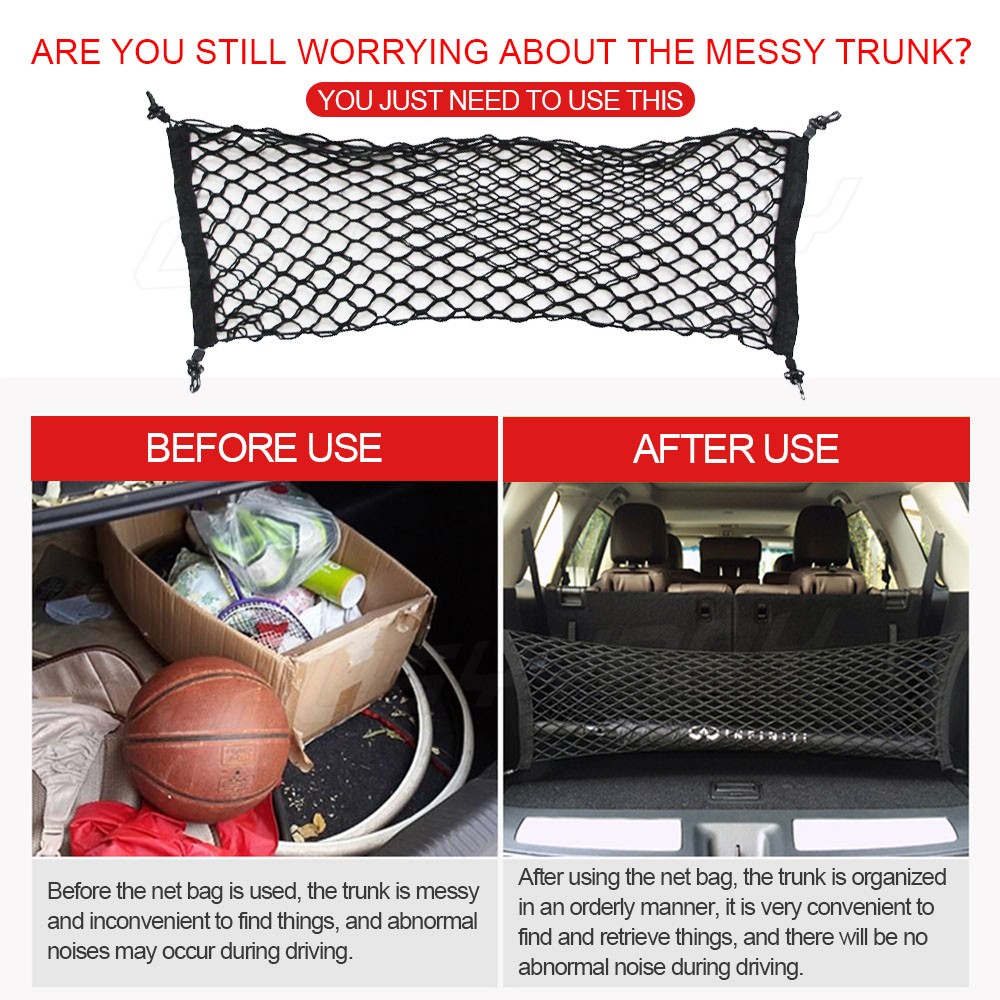 Universal Car Trunk Cargo Net 90x40cm Elastic Black Storage 4 Hooks