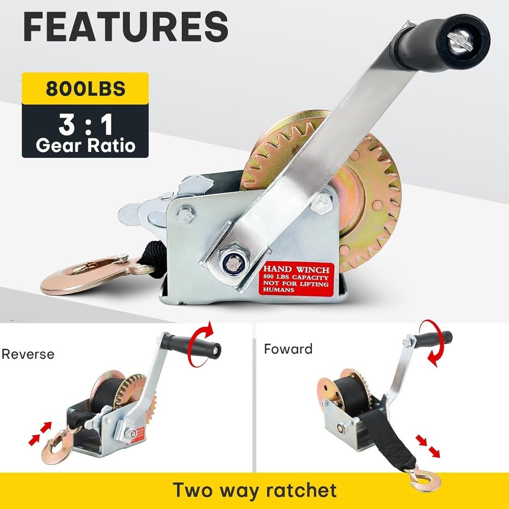 Compact 800LBS Hand Winch for Boats - Easy Install with Two-Way Ratchet System