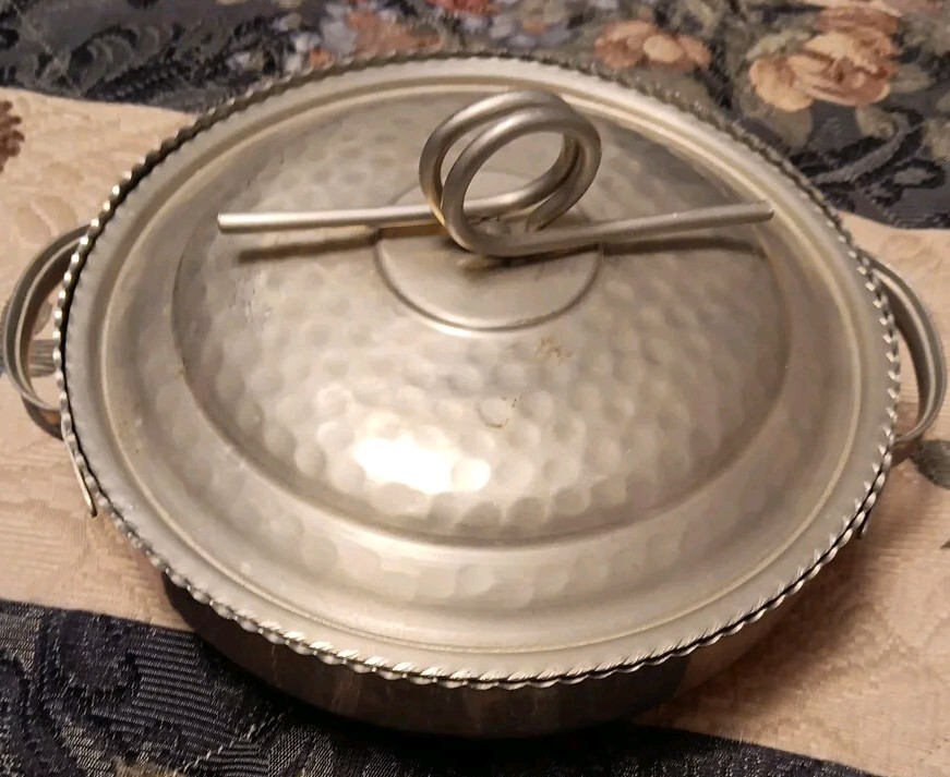 Antique Silver Hammered Bowl With Lid & Handles 9.5"