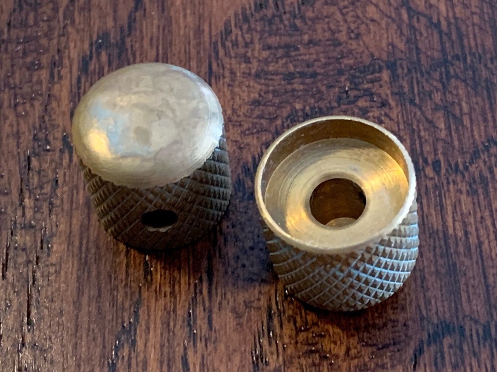 (2) Solid 'AGED' Raw BRASS Guitar Knobs / Dome / Set Screw / Fender / CTS Pots
