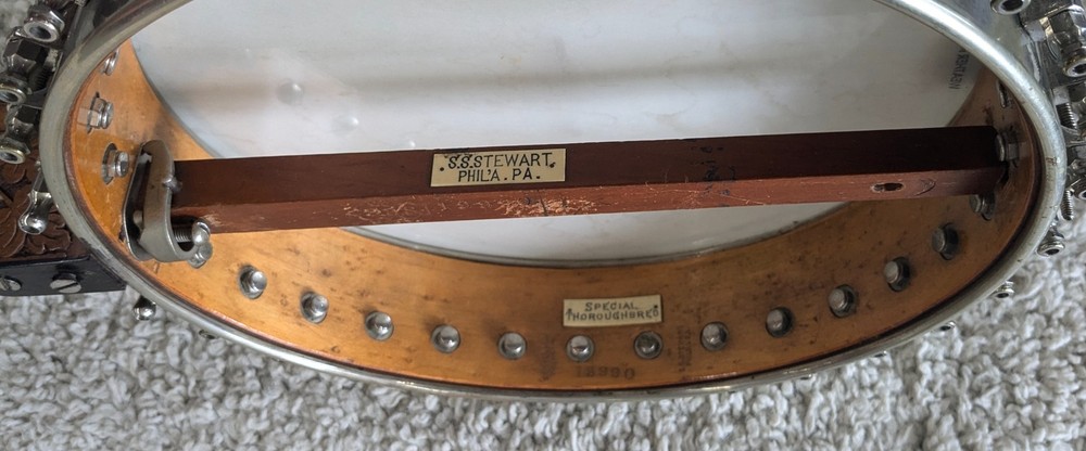1899 S.S. Stewart Special Thoroughbred 5 string Open Back Banjo with hard case