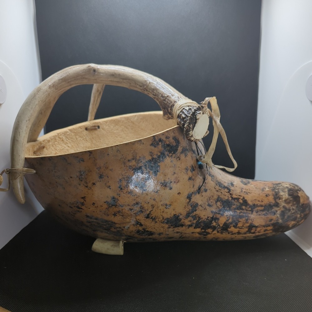 Large Gourd Bowl Cornucopia basket deer antler handle cabin rustic decor