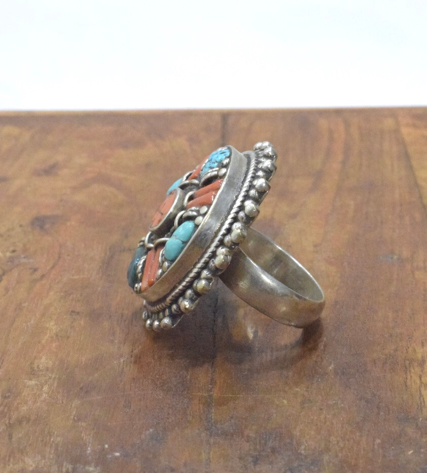 Tibetan Silver Turquoise Coral Ring