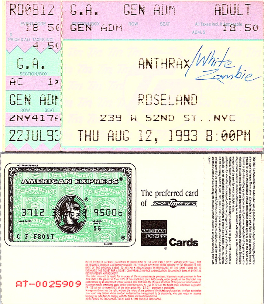 ANTHRAX CONCERT TICKET STUB, 8/12/1993, ROSELAND