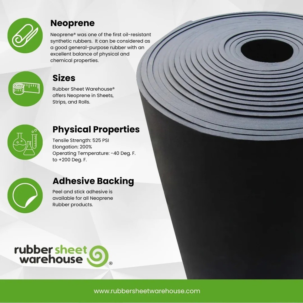Neoprene Solid Sheet with PSA 3/16" Thick x 12" wide x 12" long 60A Duro, Black