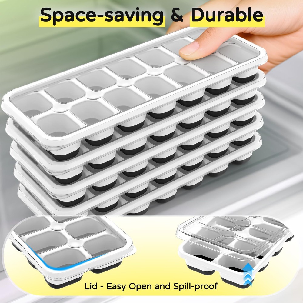 Ice Cube Tray 5 Pack, Stackable Silicone Trays with 5 pcs, Black