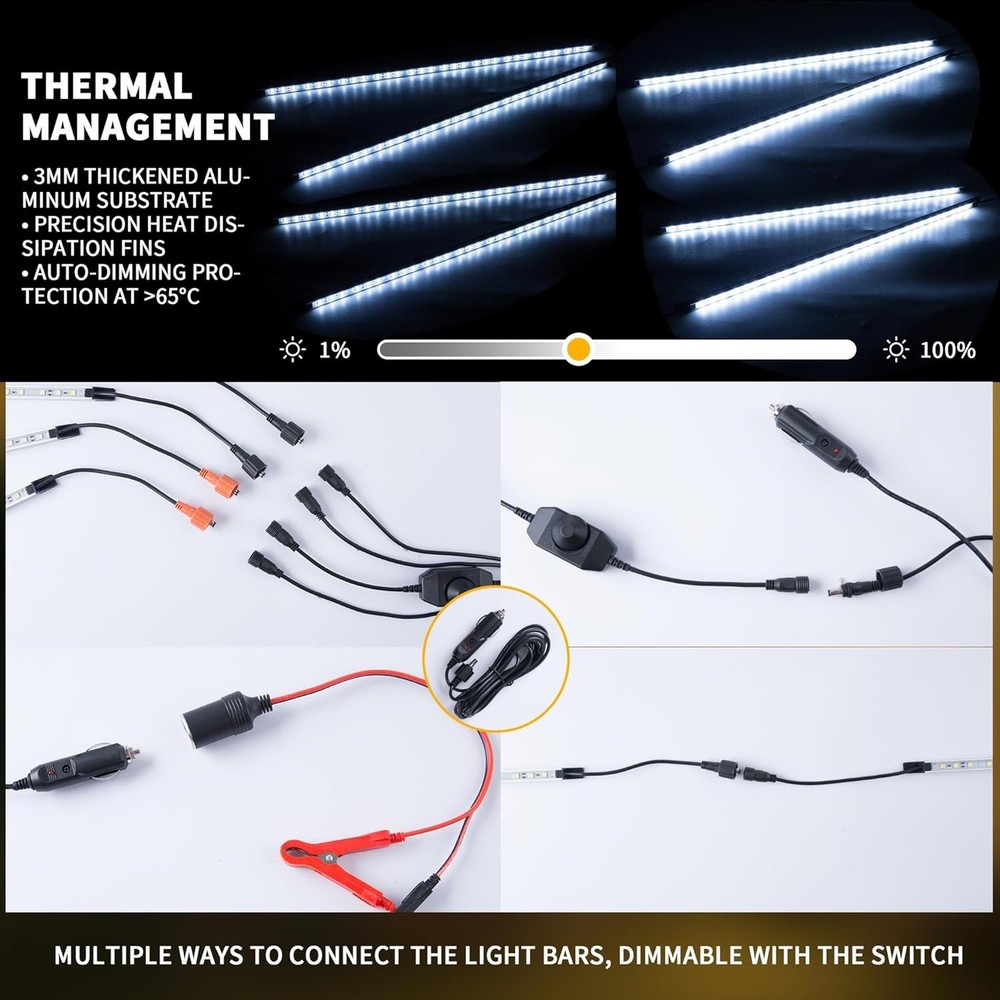 4- 20" 12V Light Bars LED Int/Ext Bar Kit Dimmable Camping String White Magnetic