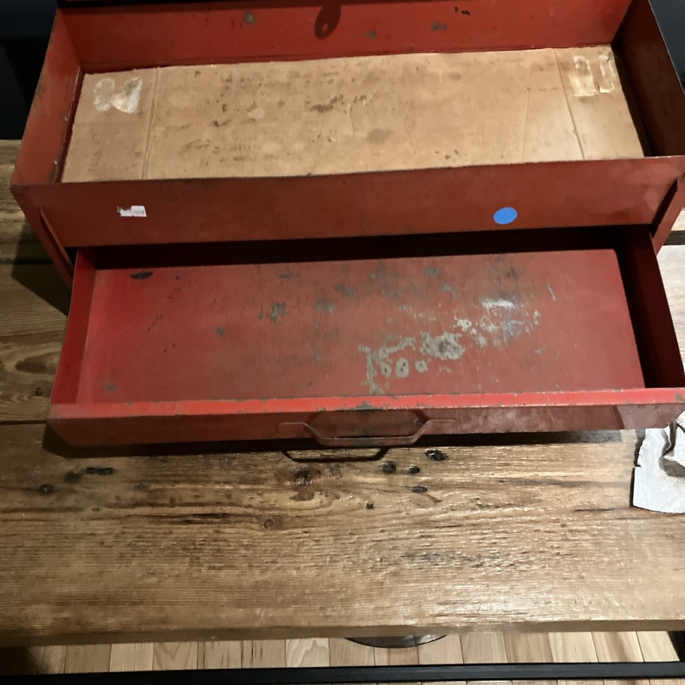 Red Metal Vintage Locking Tool Box With Key