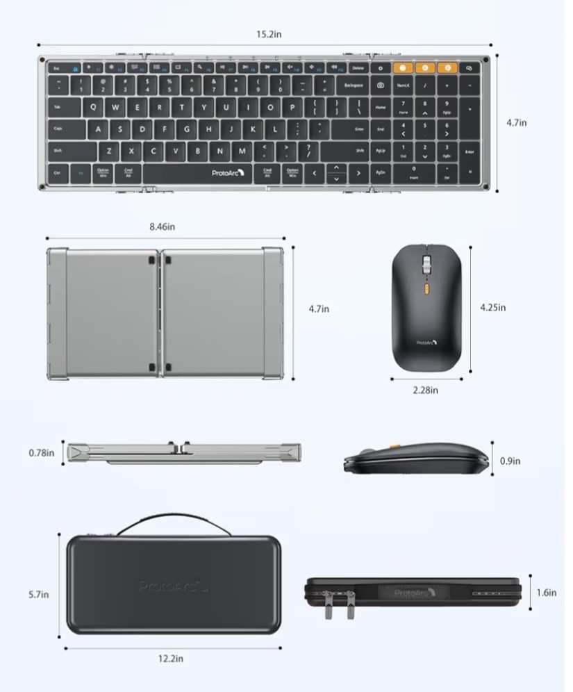 ProtoArc Foldable Keyboard and Mouse, XKM01 Folding Wireless Keyboard Mouse