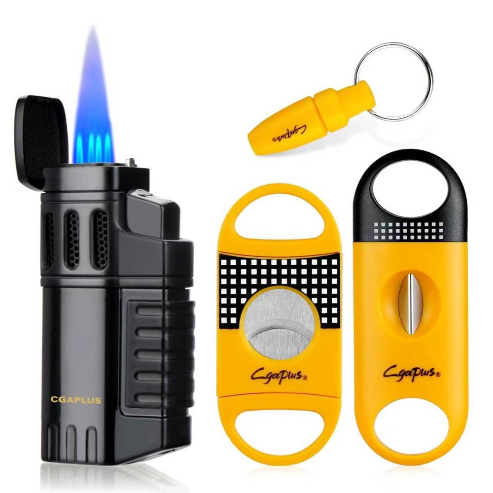 4PACK Cigar Lighter Cutter and Lighter Set 4 Jet Flame Windproof Lighter Punch
