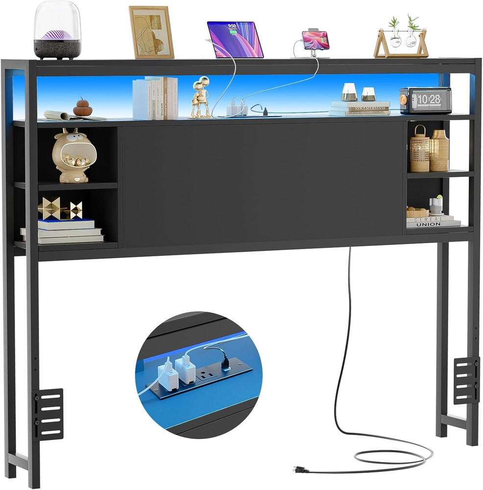 Full Size Headboard with Storage, Outlets & RGB LED Light - Black