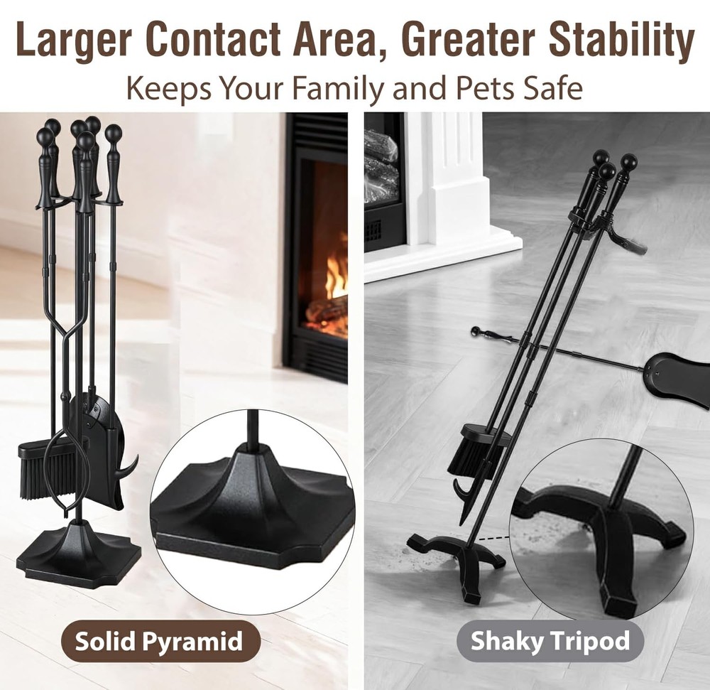 5 Pcs Fireplace Tools Set 31 Inch Indoor Black Handle Wrought Iron Large Fire...