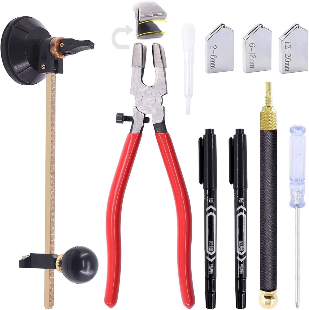 9 Pcs Glass Cutting Tool Set Kit Includes Adjustable Circular Glass Cutter,